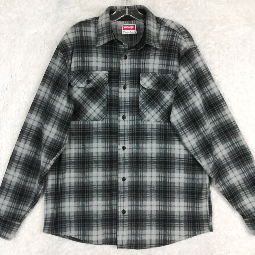Wrangler Mens Shirt Button Up Flannel Shacket Jacket Gray Plaid Barn Chore M